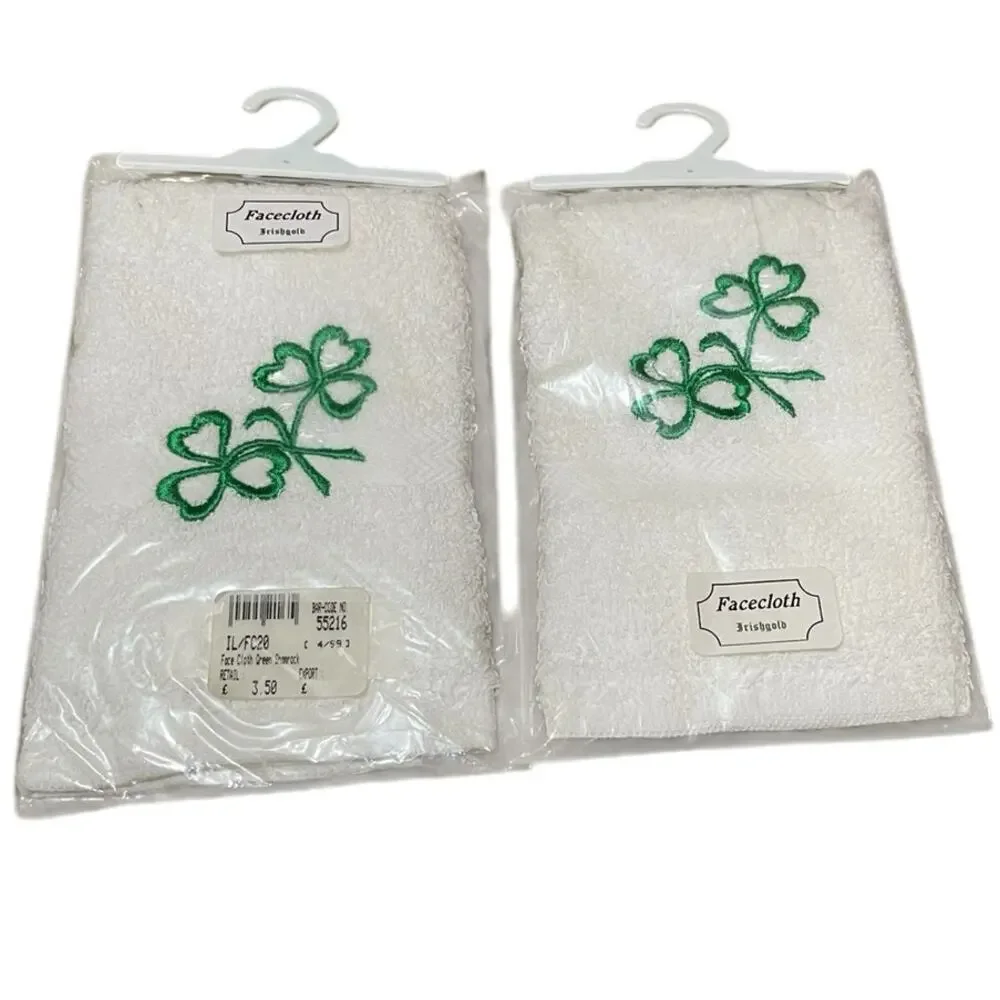 Vintage Two NEW Embroidered Shamrock Irish Facecloths and Green Lace Handtowels